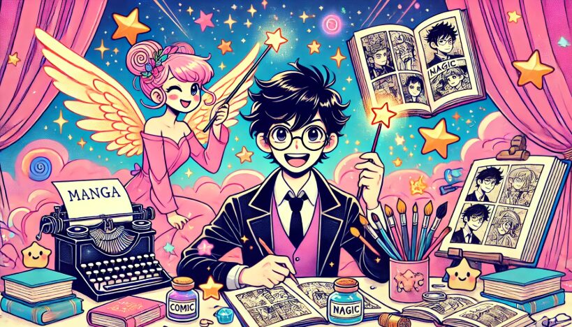 漫画家篠原健太の創作風景と魔法的インスピレーションを描いたイラスト
