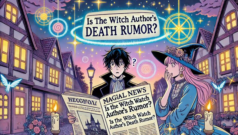 ウィッチウォッチの作者死亡説に戸惑うキャラクターたちと魔法のニュースが浮かぶ幻想的な街のイラスト

