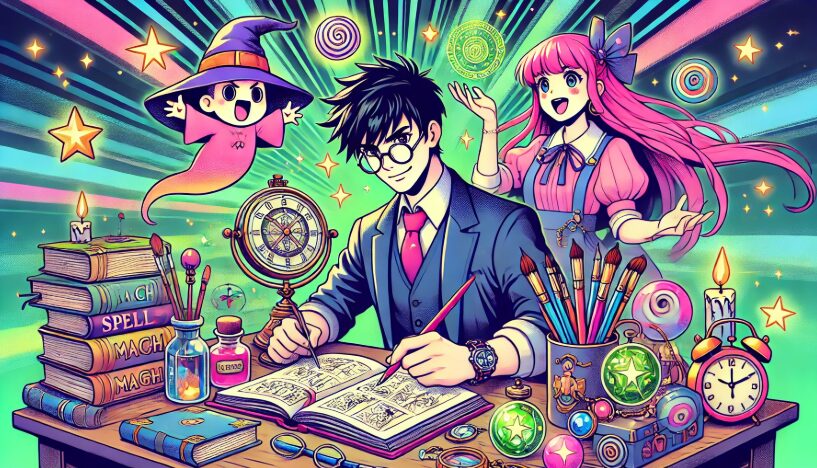 魔法の道具に囲まれながら創作に励む漫画家と見守るキャラが描かれたウィッチウォッチ作者の活動を表すイラスト

