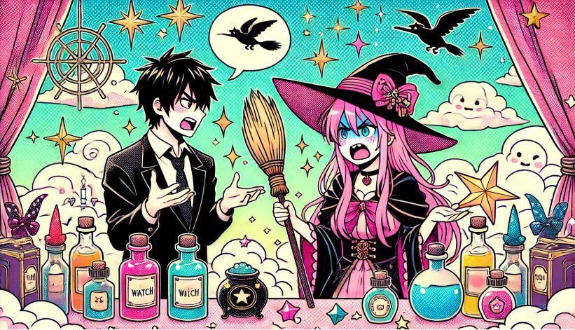 ウィッチウォッチがつまらないという声に対する魔法世界でのコミカルな対立シーンのイラスト