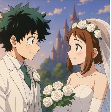 結婚式風の衣装を着た緑谷出久と麗日お茶子が見つめ合うアニメ調イラスト